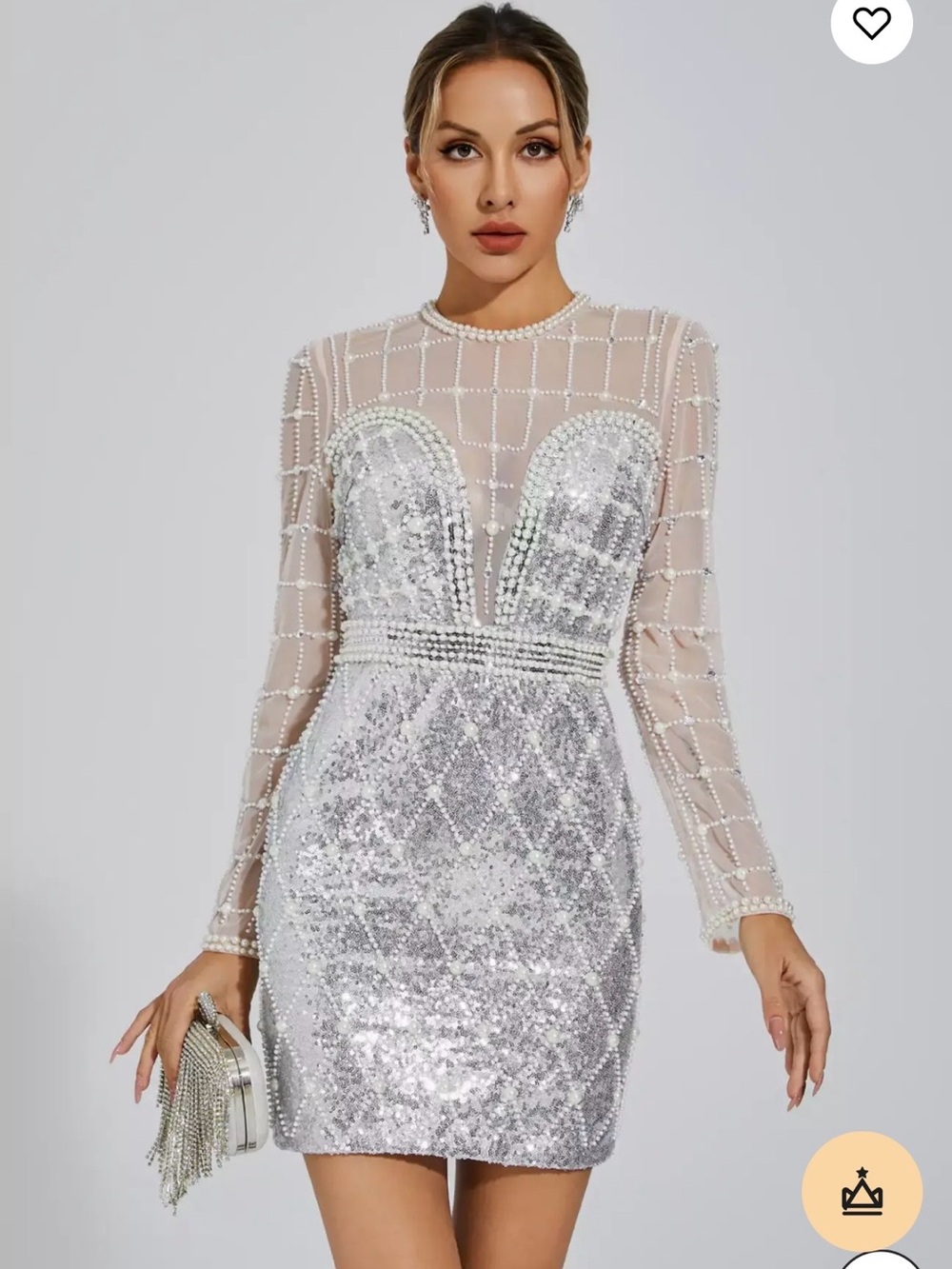 Catchall Silver Sequin Sheer Pearl-Trim Mini Dress
